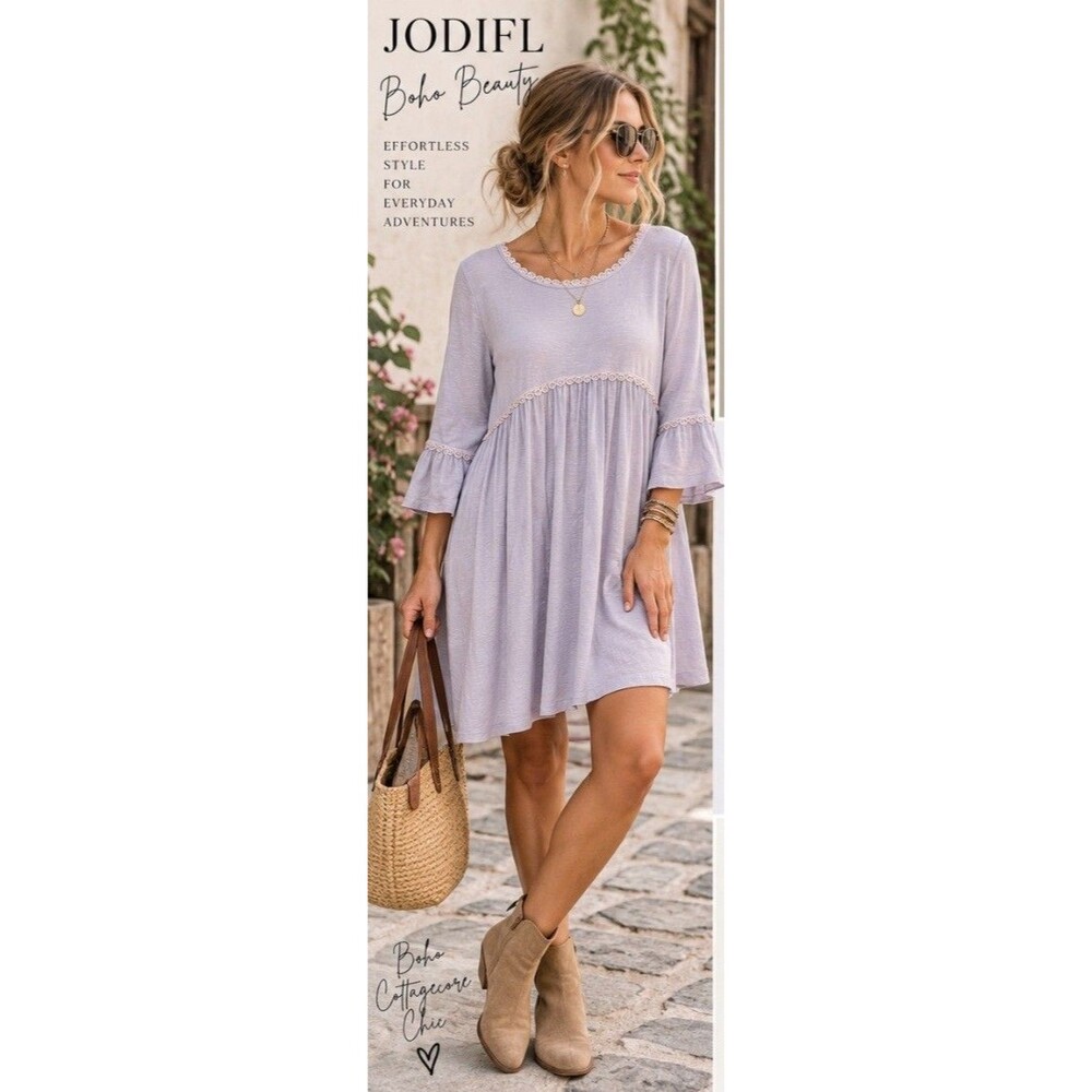 BoHo cottagecore Babydoll Shift Dress Ruffle Lace 3/4 Bell Sleeve Size S